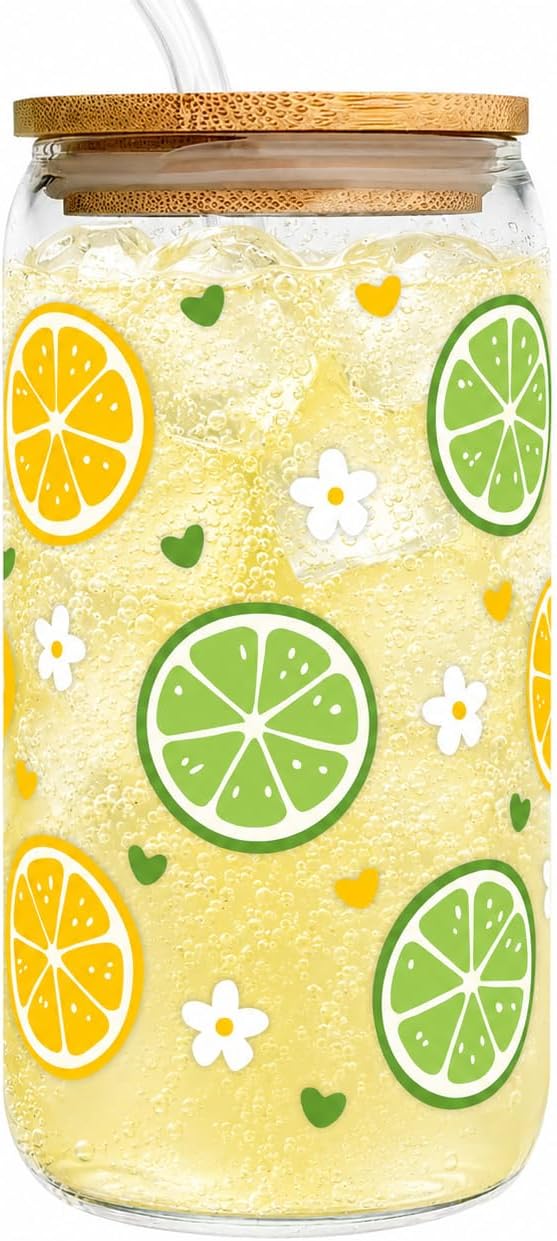 Lemon Glass Cup - 16oz Summer Glass Tumbler with Lid and Straw - Cute Citrus Iced Coffee Mug for Women - Aesthetic Fruit Print Cup for Friends Coworkers
