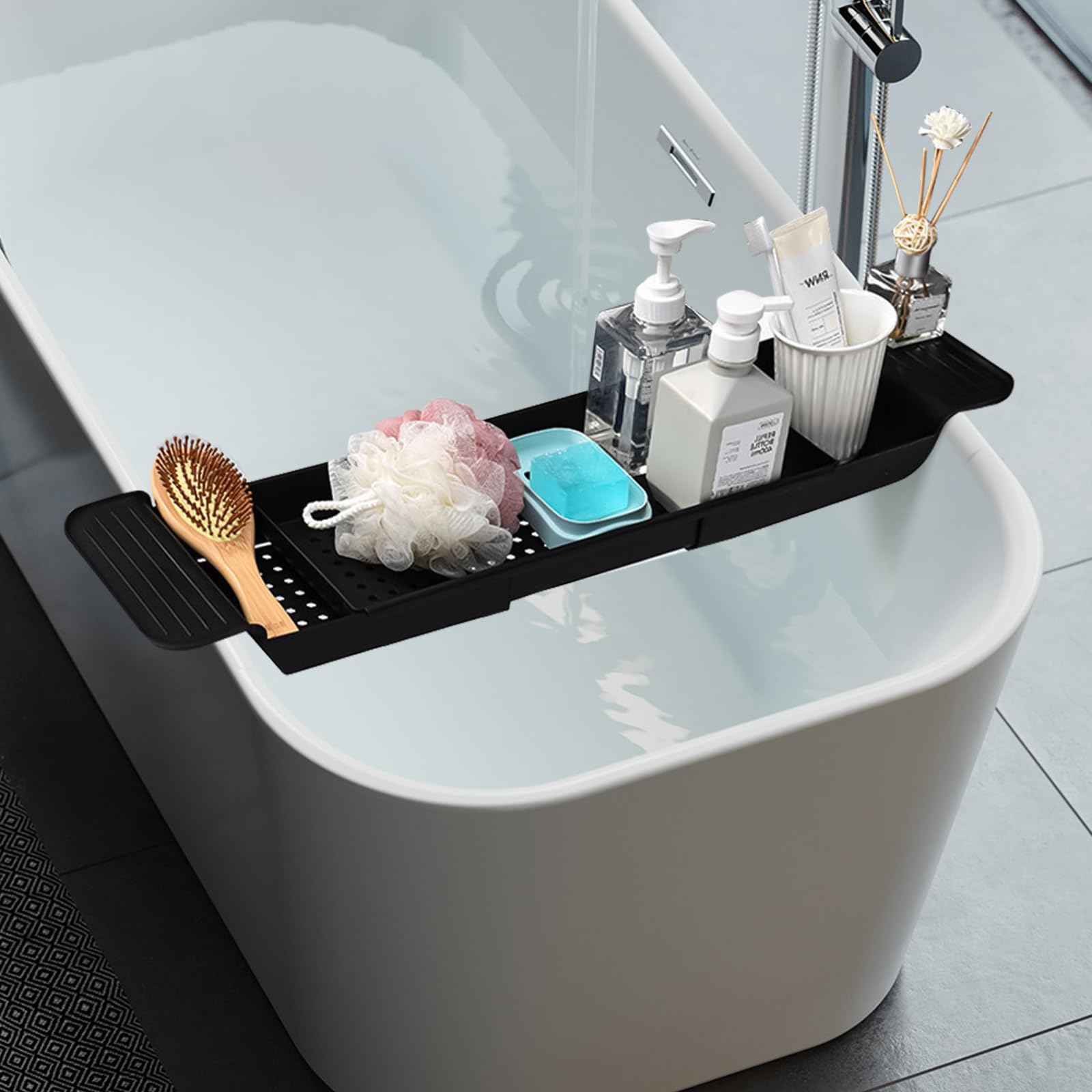 Vassoio per vasca da bagno con design di scarico, in plastica espandibile, per bicchieri da vino, tablet, aromaterapia, pettini, candele, prodotti da bagno (Nero)