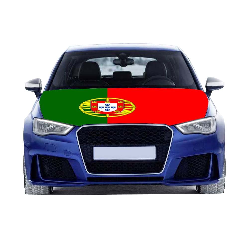 Housse de capot de voiture surdimensionnée avec drapeau national de 0,9 x 1,5 m/1,8 x 2,1 m. Tissu élastique peut être lavé, convient pour grands SUV et camionnettes (Portugal, 0,9 x 1,5 m)