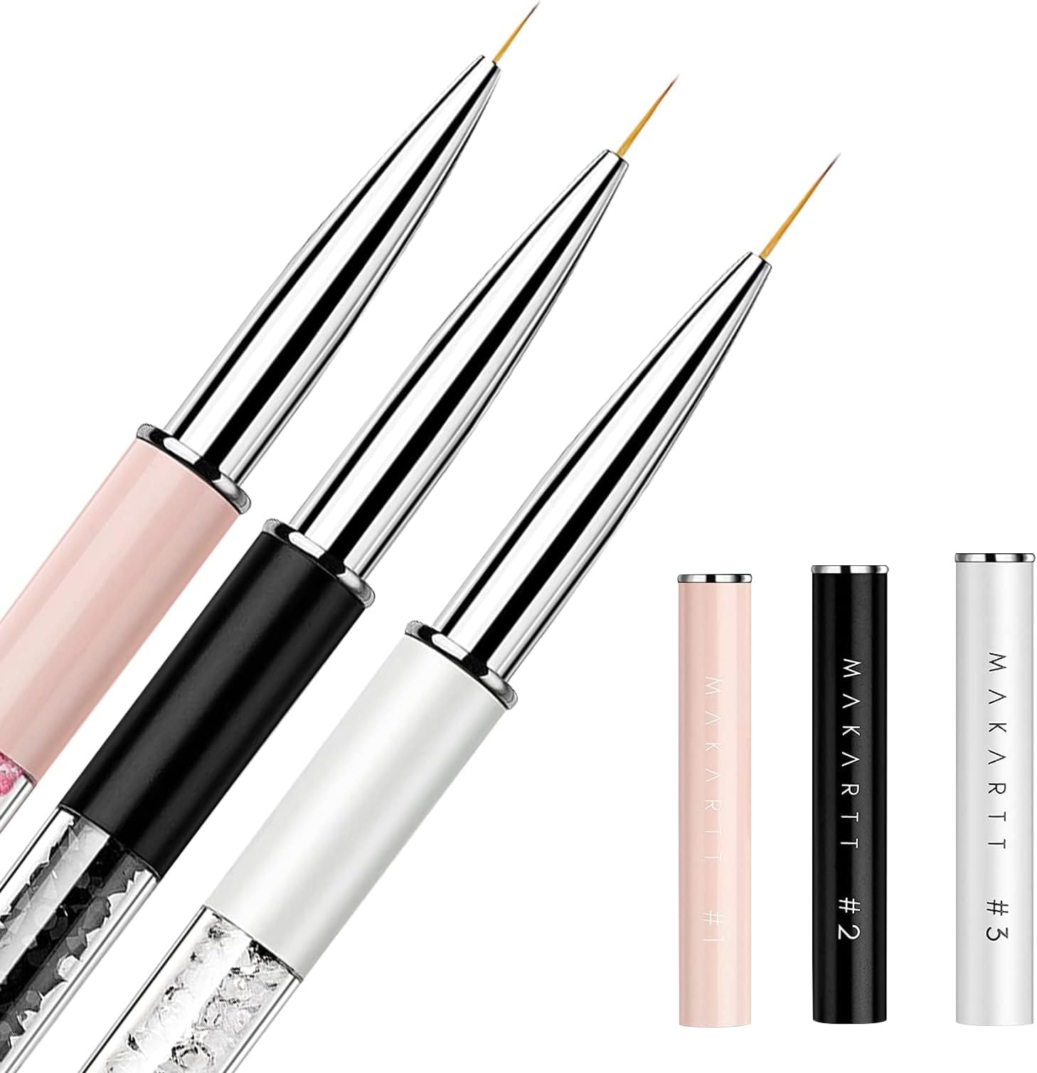 MakarttNail Art Brushes: 7/9/11mm Thin Liner Brush Set with Shiny Diamond Handle & Caps, 3Pcs Gel Nail Painting Brush Nail Drawing Brushes for Nail Painting 3d Gel Nail Art French Tips Home DIY Use