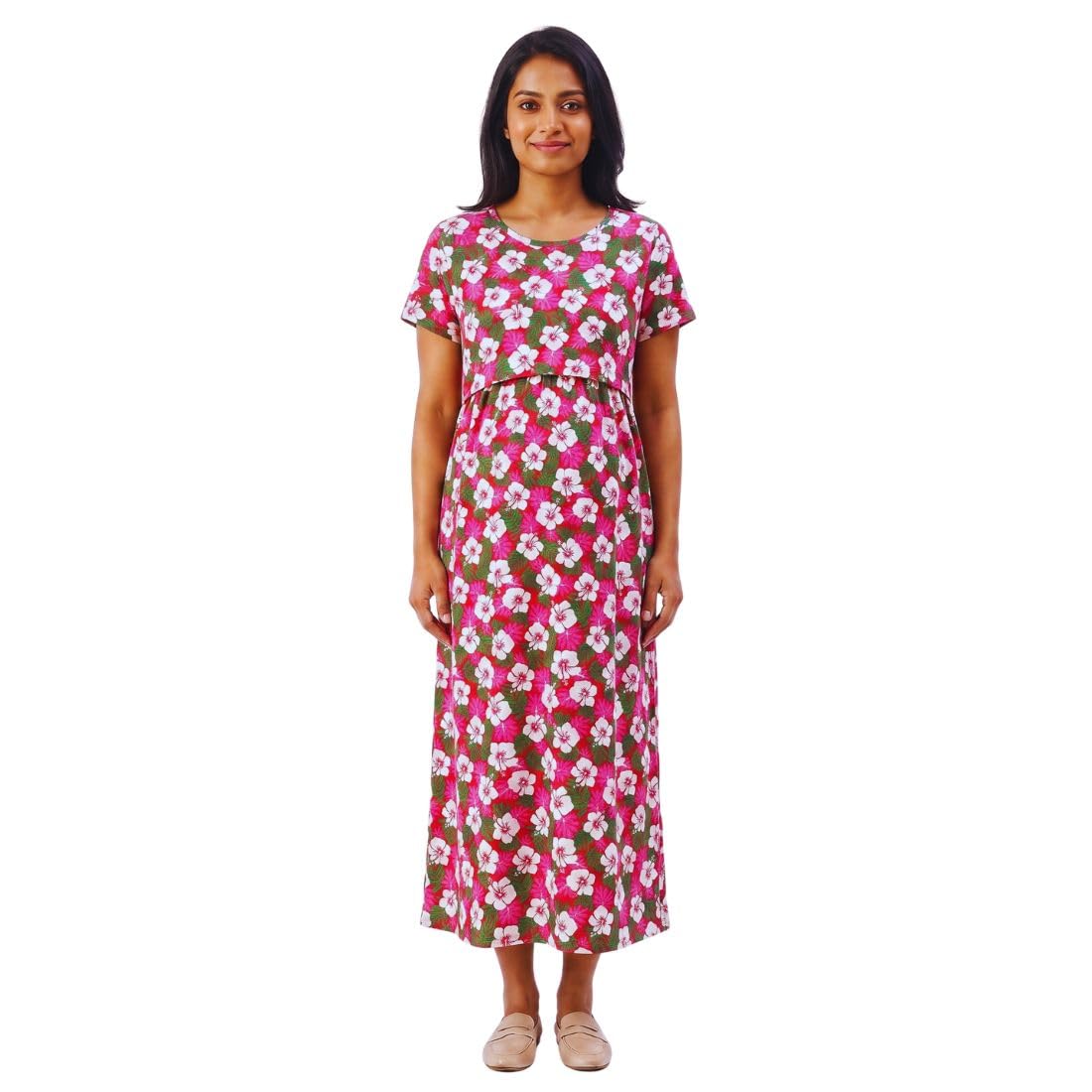 Feeding Dress for New Moms | Cotton Maternity Nighty | Zipless Nursing Gown with Pull-Up Access | Ankle Length Pregnancy Wear | Pre & Post Maternity Gown-image-9