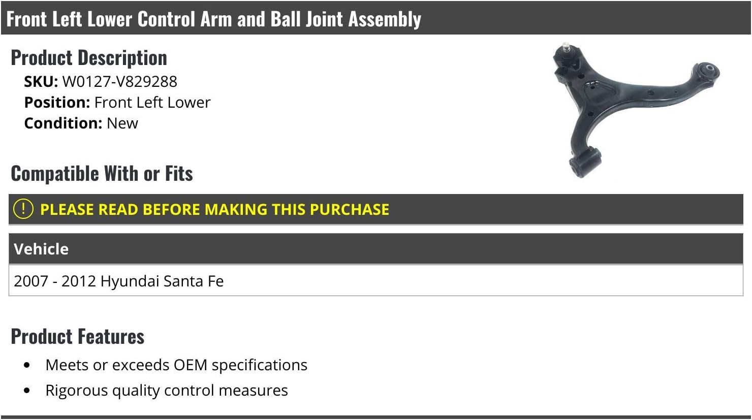 Front Left Driver Side Lower Control Arm and Ball Joint Assembly - Compatible with 2007-2012 Hyundai Santa Fe