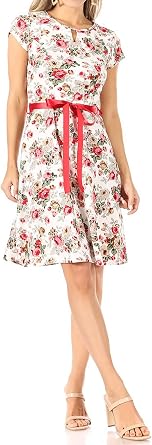 Women's Floral Flared A-Line Swing Casual Party Dresses Short Sleeve Belted