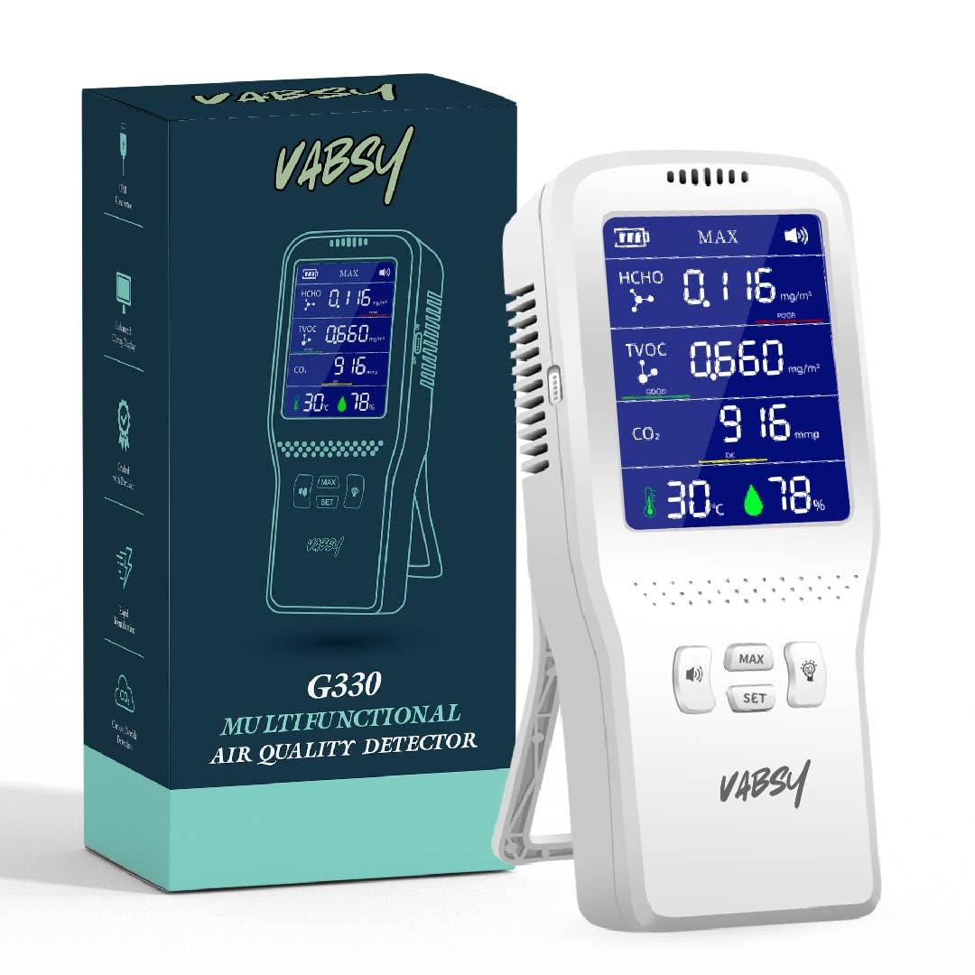 Vabsy Portable Air Quality Detector with 2000 mAh Rechargeable Battery – Real-Time Monitor for TVOC, HCHO, CO2, Temperature, Humidity & More | Advanced Sensor for Home & Commercial Use | AQI Monitor