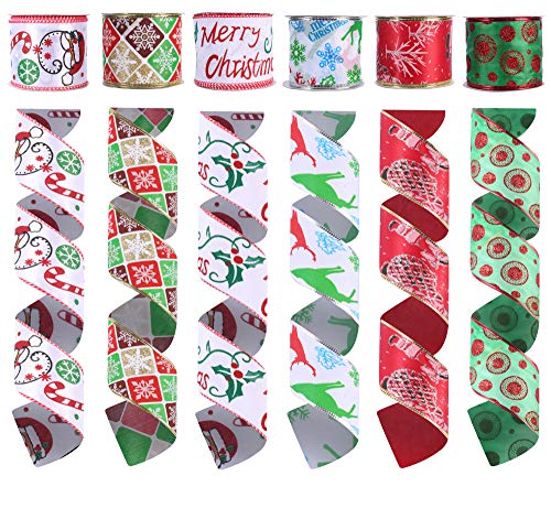 Alonsoo Wired Christmas Burlap Ribbon, Holiday Christmas Design Decorations Wrapping Ribbons Assorted Classic Rustic Fabric Handcraft Gift 36 Yards Red, Green and White (6 Roll x 6 yd) by 2.5 inch