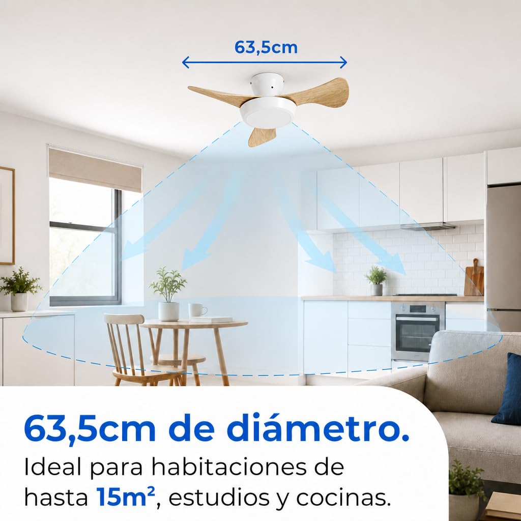 Ventilador de Techo Pequeño con Luz LED Integrada 18W – Ø63,5 cm, 3 Aspas, Luz Regulable 3000K–6500K, 3 Velocidades, Mando a Distancia, Función Memoria y Temporizador, para Habitaciones Pequeñas