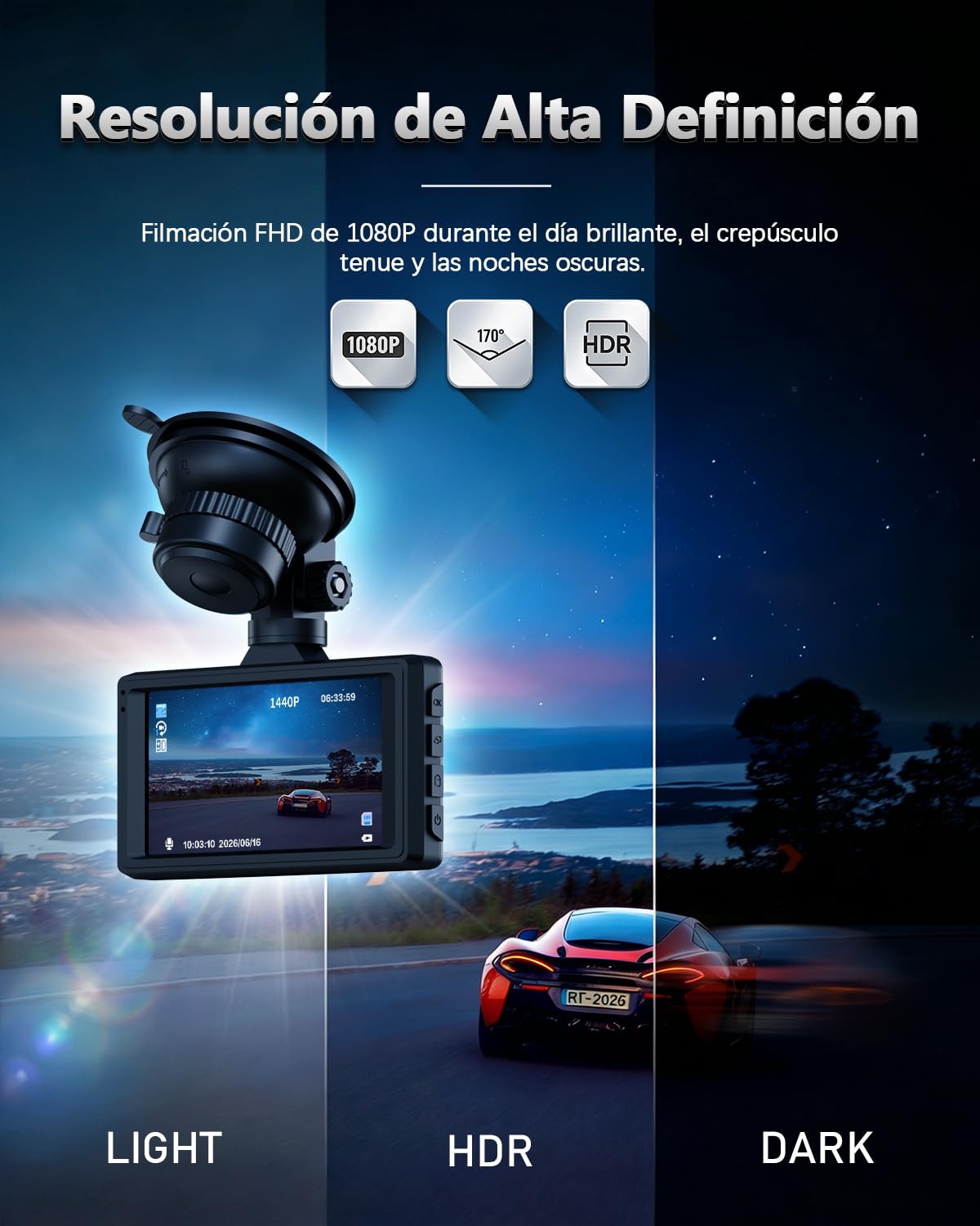 cámara de salpicadero Delantera y Trasera para Coche, Tarjeta de 64 GB incluida, cámara para Coche FHD 1080P, Gran Angular de 170°, HDR, grabadora de conducción, grabación en Bucle, visión