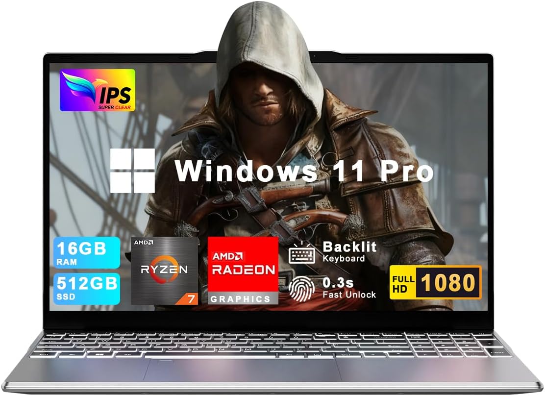 XNQ Gaming Laptop 2026, AMD Ryzen 7, 15.6inch Laptop Computer, 8C/16T, Up to 4.1GHz, 20GB RAM 512GB SSD, Radeon Vega 10 Graphics, Win 11 pro, Up to 2TB, IPS 1080p FHD, 6000mAh, WiFi 5, Backlit,
