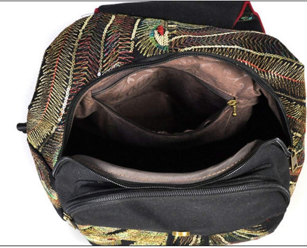 Vintage Canvas Boho Sequin Backpack For Women - With Phoenix Sequin Embroidery