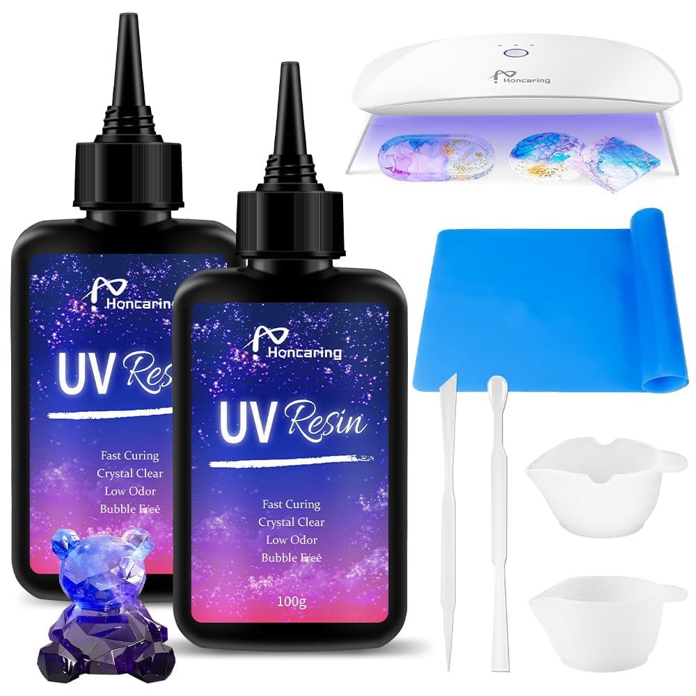 UV Resin Kit 200g with UV Light, Hard Type UV Resin Kit, Upgraded Formula & Crystal Clear UV Resin for Jewlery Making, 100g*2 Resin UV Kit with Light for Earring, Pendant, DIY