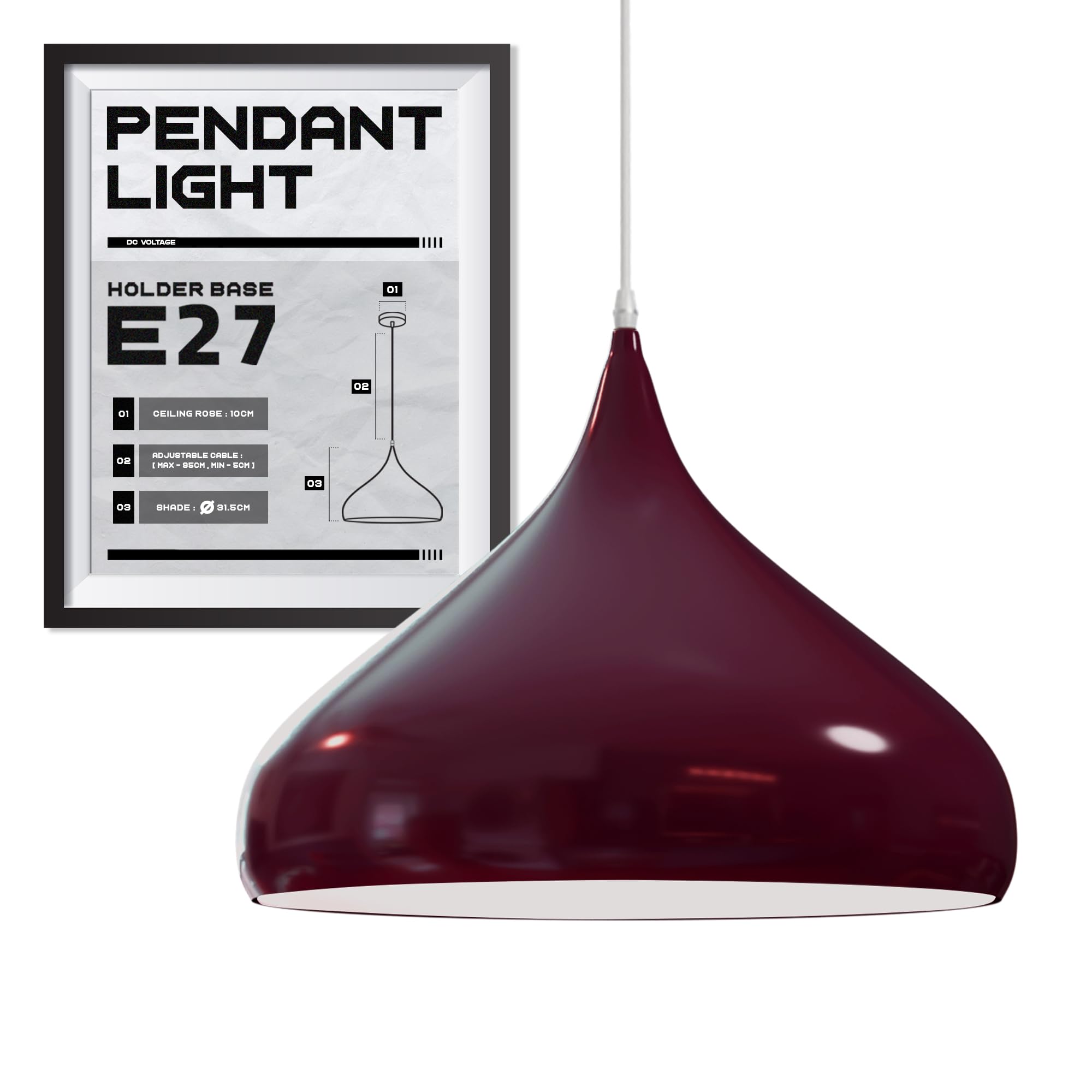 DC VOLTAGE Modern Curved Dome Shape Metal Single Head 31.5 cm Shade with E27 Base Holder for Office Dining Room Living Room Bedroom Coffee Bar Restaurant.