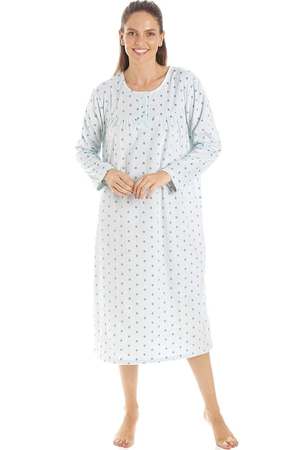Camille Classic Long Sleeve Polka Dot Soft Fleece Nightdresses - Aqua - 10-12