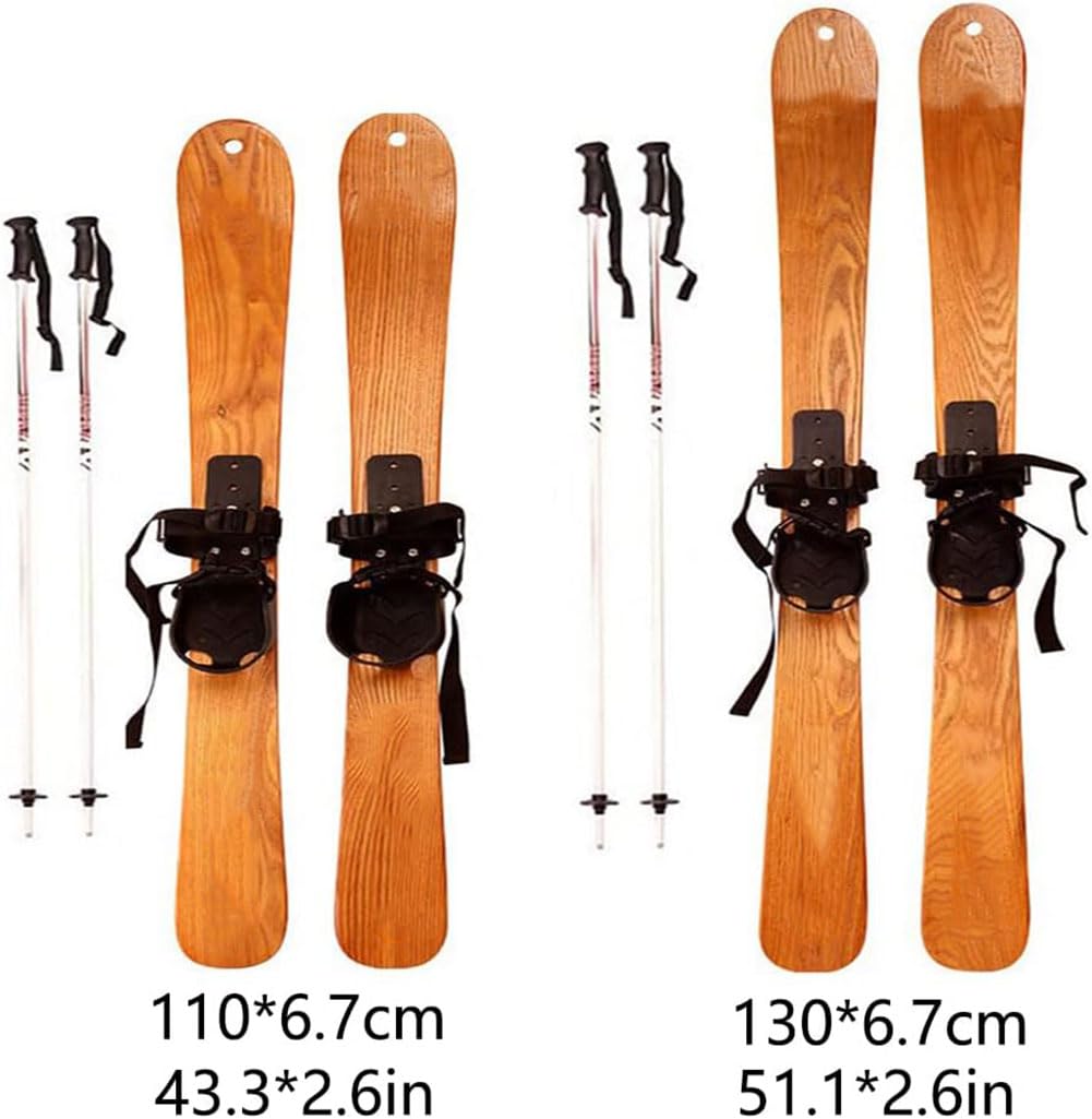 Sci in Legno per Sport all'Aria Aperta, Sci in Legno per Adulti E Bambini, Accessorio per Sport Invernali per Hobby All'aperto con Bastoncini da Neve, Venature del Legno Uniche, per Sci