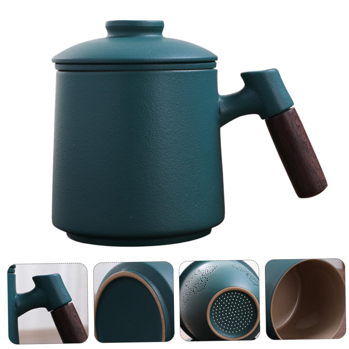 400ml Keramiktasse Grün mit Deckel und Holzgriff für Tee
