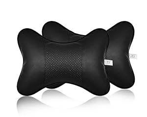 DSstyles almohada para asiento de coche para el cuello, 2 piezas, piel sintética, cojín negro, 28 x 18