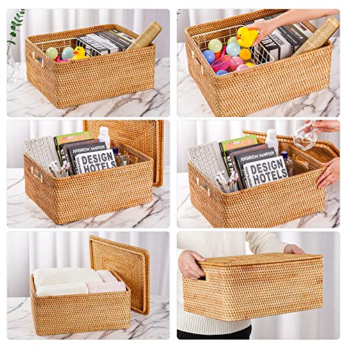 Fiyammy Rattan Basket With Lid, Large Lidded Basket For Storage Rattan Box(17.8" L×13.8"W×7.8"H) #TOP5