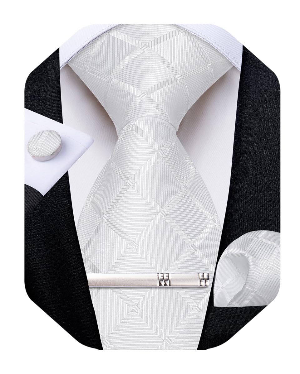 DiBanGu Silk Ties for Men Formal Plaid Check Necktie and Pocket Square Cufflinks Tie Clip Set Wedding Necktie with Gift Box