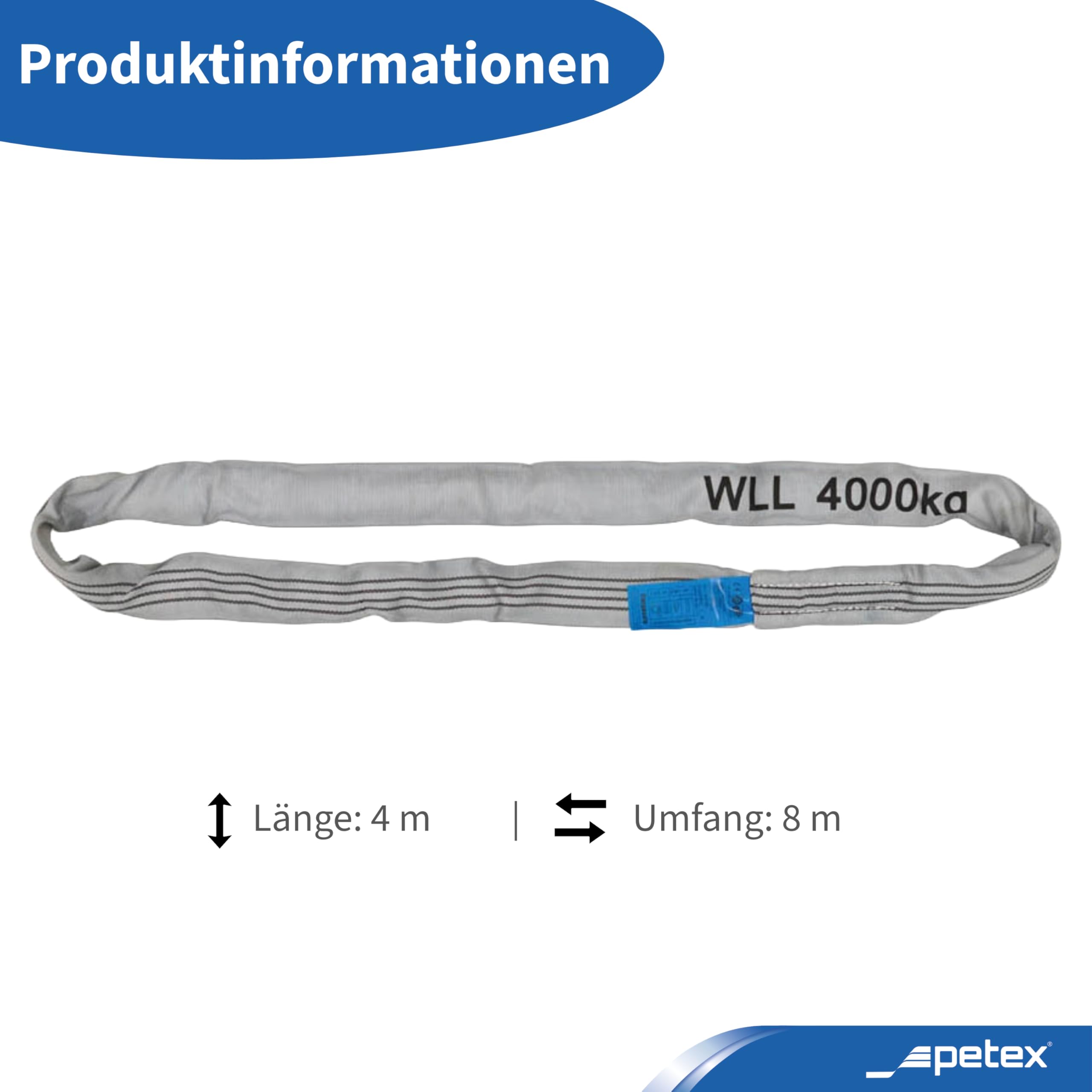 PETEX Sangle ronde, charge maximale : 4000 kg, longueur : 4 m, circonférence : 8 m, conforme à la norme DIN EN 1492-2, gris