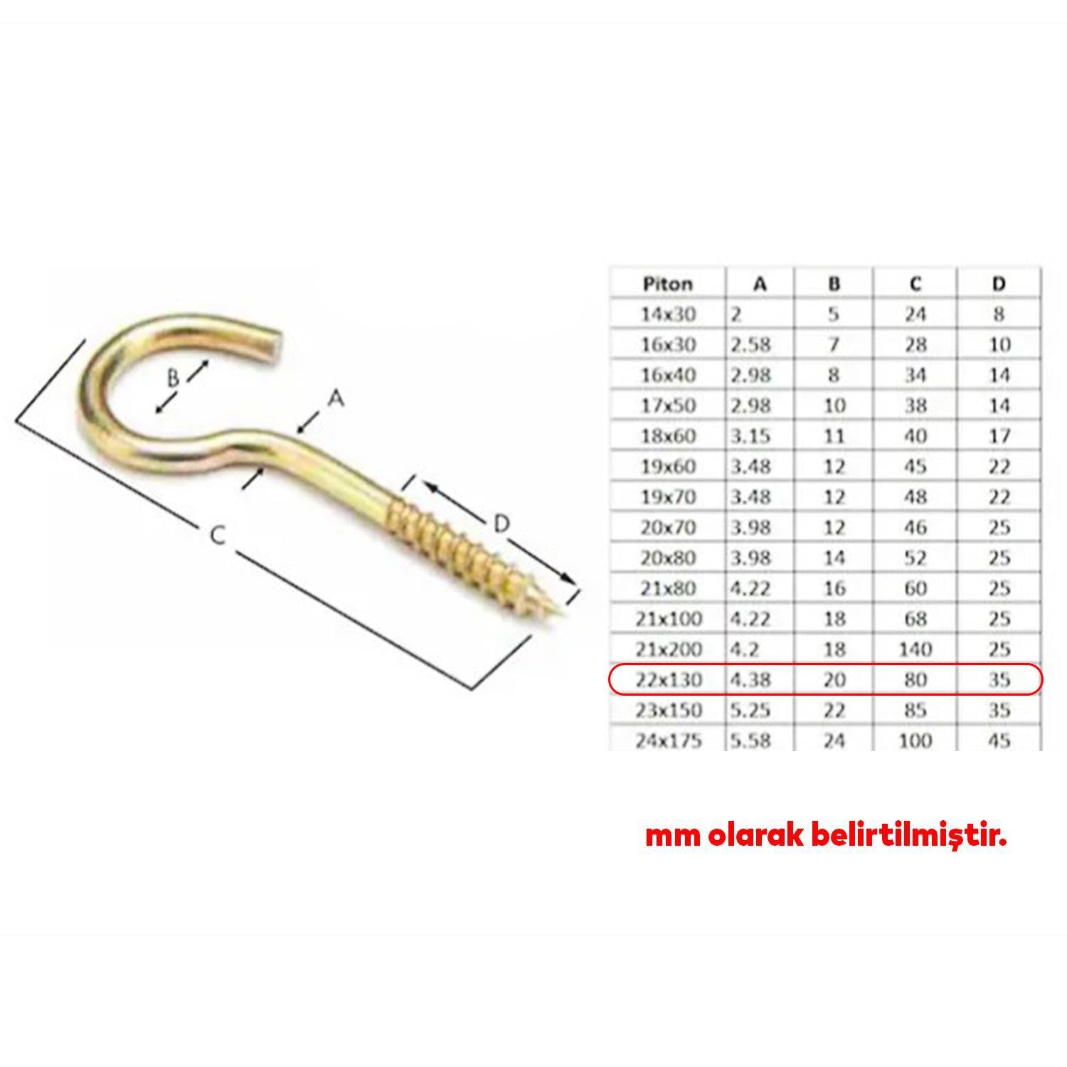 Badem10 Metal Piton Vidalı Gerdirme 22x130 Çekme Kaldırma Tavan Açık Ağız Kancalı Avize Asma Kiti 5 Adet