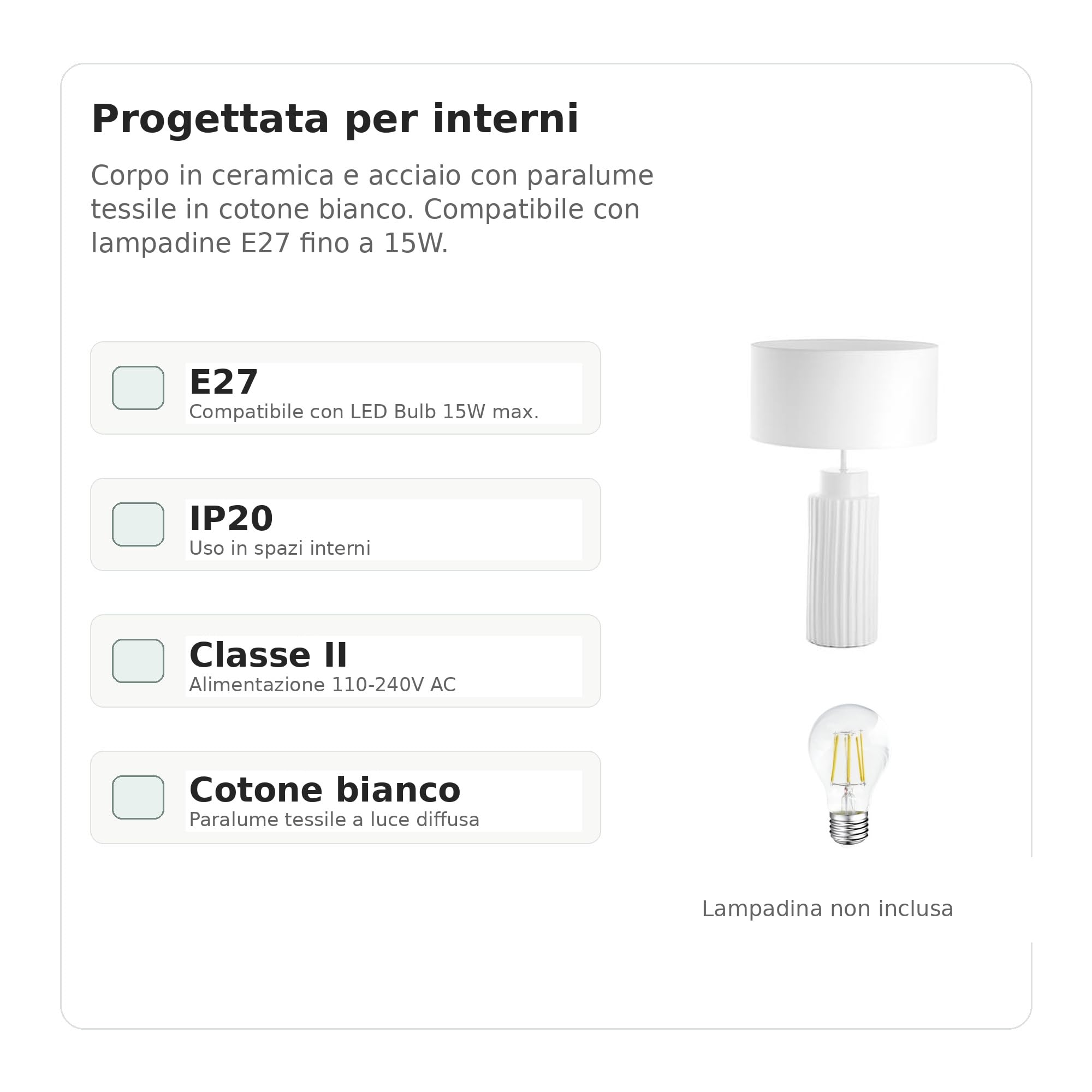Novolux Lighting CERAMIC Lámpara de Mesa E27 15W Blanca | Pantalla de Algodón Blanco, Base de Cerámica, Diseño Clásico, Para Dormitorio, Salón y Zona de Lectura