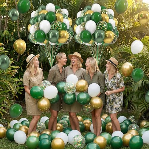 Image of Funhot Green and Gold Balloons, 60 Pcs Metallic Dark Green Gold White Party Balloons, 12 Inch Confetti Balloon Helium for Graduations Jungle Wild Birthday St. Patrick's Day Wedding Party Decorations
