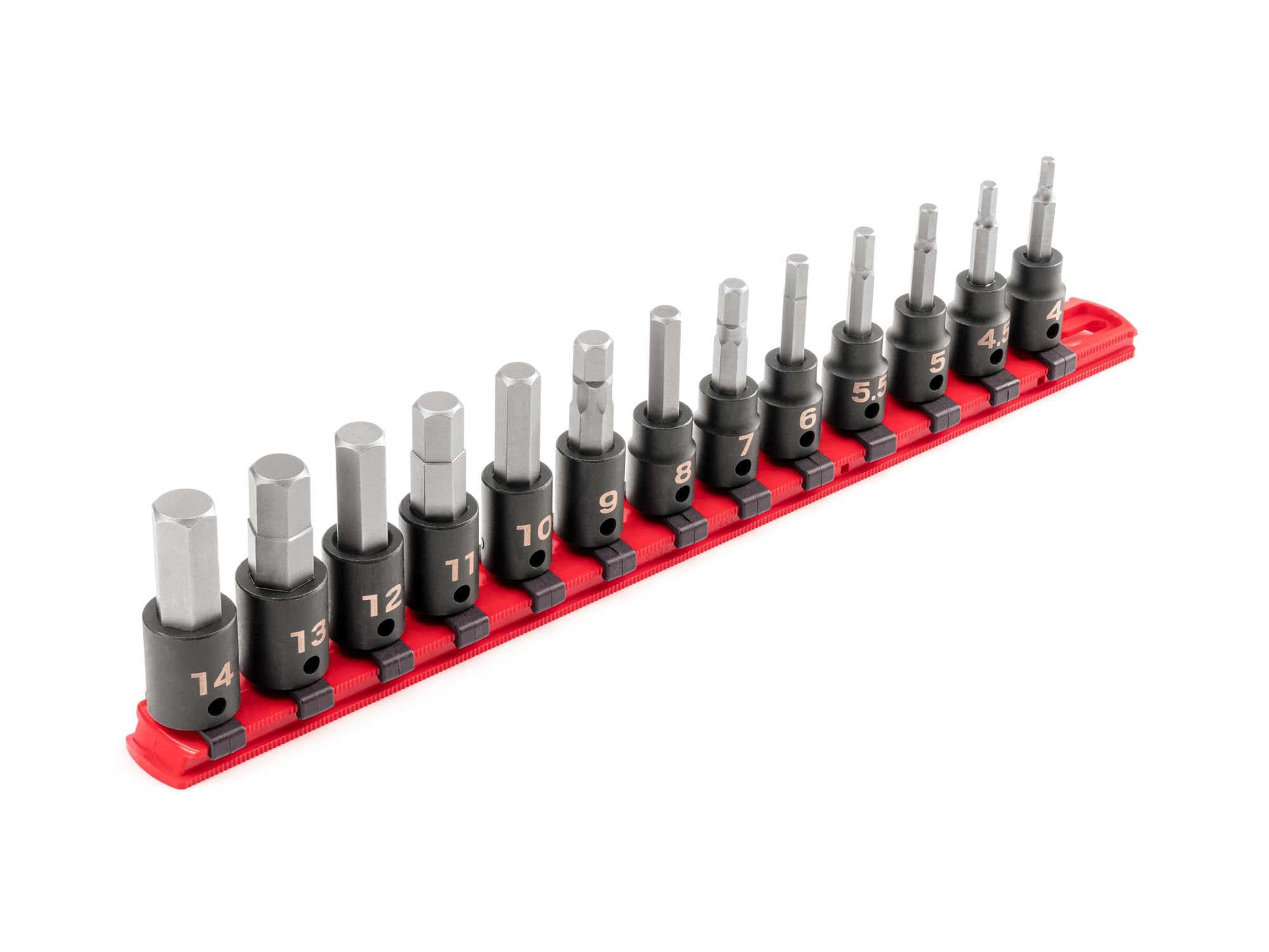 3/8 Inch Drive Hex Impact Bit Socket Set, 13-Piece | SIB91102 | (4 - 14 mm), Socket Rail