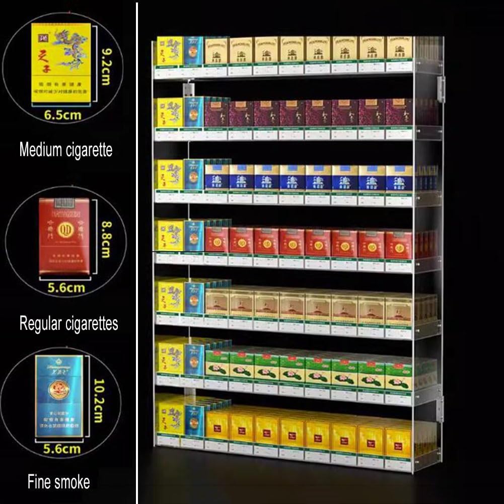 Store Display Shelves Cigarette Display Holder Cigarette Display Case, Acrylic Box Wall Mounted Cigarette Rack Automatic Clear Cigarette Case Pushers Rack Up to 350 Packs of Cigarettes Can Be Placed(6