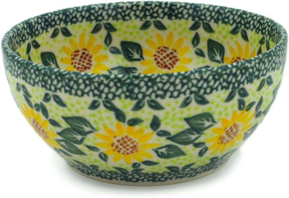 Polmedia Polish Pottery Bowl 5-inch - Sunflower Fields Pattern Handmade in Boleslawiec Poland by Ceramika Bona + Certificate of Authenticity