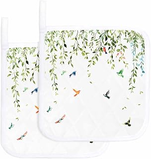 2 Packs Leaf Bird Pot Holders Sets for Kitchen,Oven Pan Plate Bowl Pads Heat Proof Mat with Hanging Loop,Nature Green Vine Branch Plant Country Style Cloth Potholders Non Slip for Cooking Baking