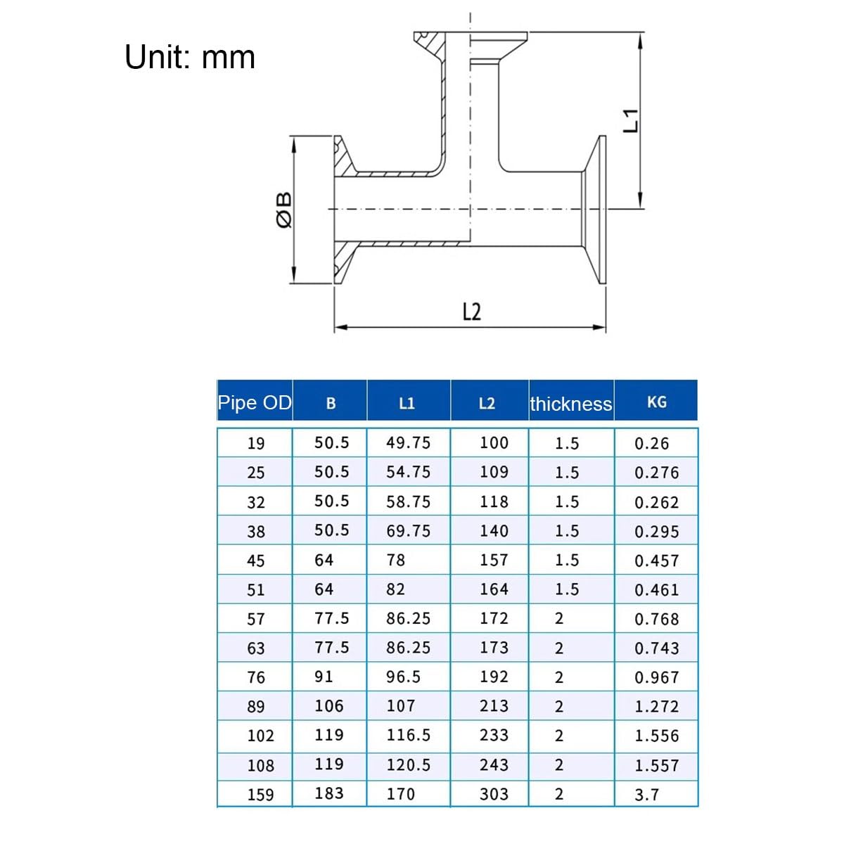 1 Pz 19mm-108mm OD Ghiera Sanitaria In Acciaio Inox 304 3 Vie Tee Connettore Raccordo 1.5 "-4" Tri Morsetto(51mmxFerrule 64)