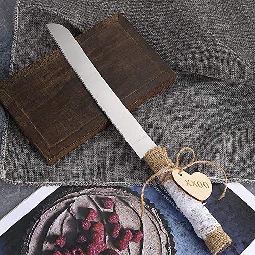 Tang Song Rustic Style Stainless Steel Wedding Cake Knife And Serving Set Resin Plastic Handle With Twine Heart Love Wood Tag And Burlap Lace Design #TOP2