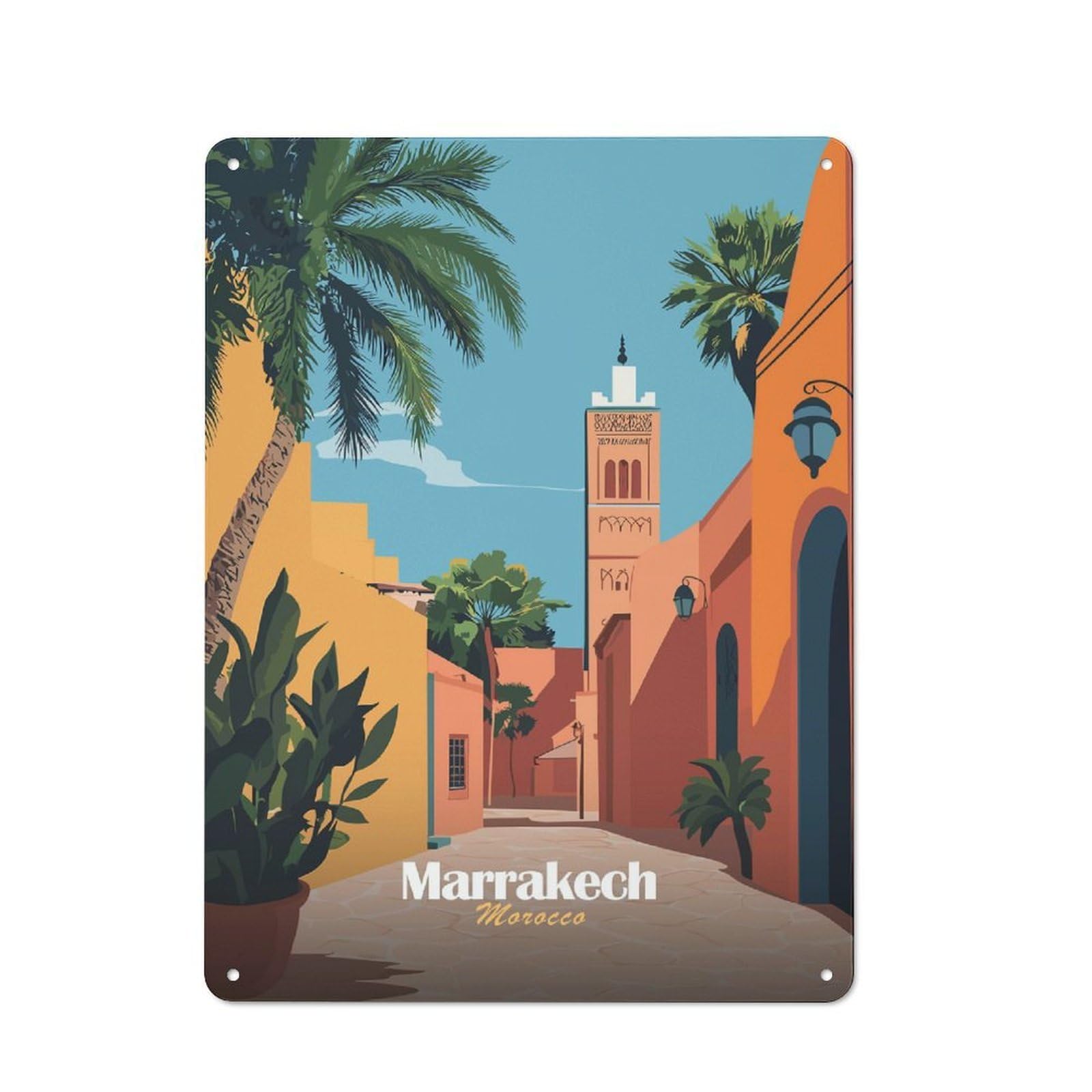 Junmoney Style-6 Vintage Tin Sign With Marrakech Cityscape Design 40X30cm, Vintage Cafe Wall Decor For Coffee Bar, Kitchen, Bistro Or Tea Corner