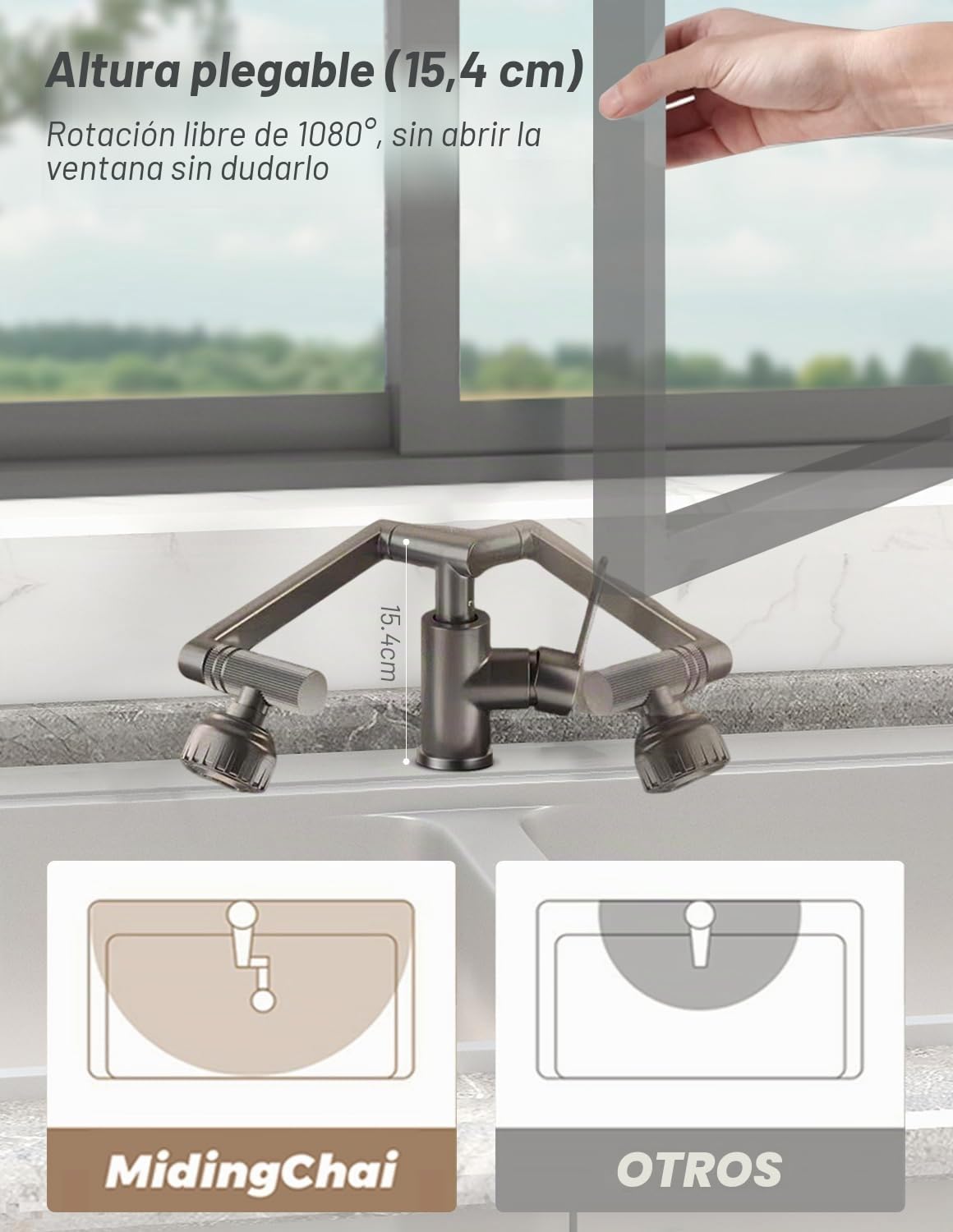 Grifo de Cocina Flexible 1080º, Grifo Lavabo Giratorio, Grifo Cocina Extraible de Acero Inoxidable Fregadero Fría y Caliente 2 Modos de Ajuste de Flujo de Agua