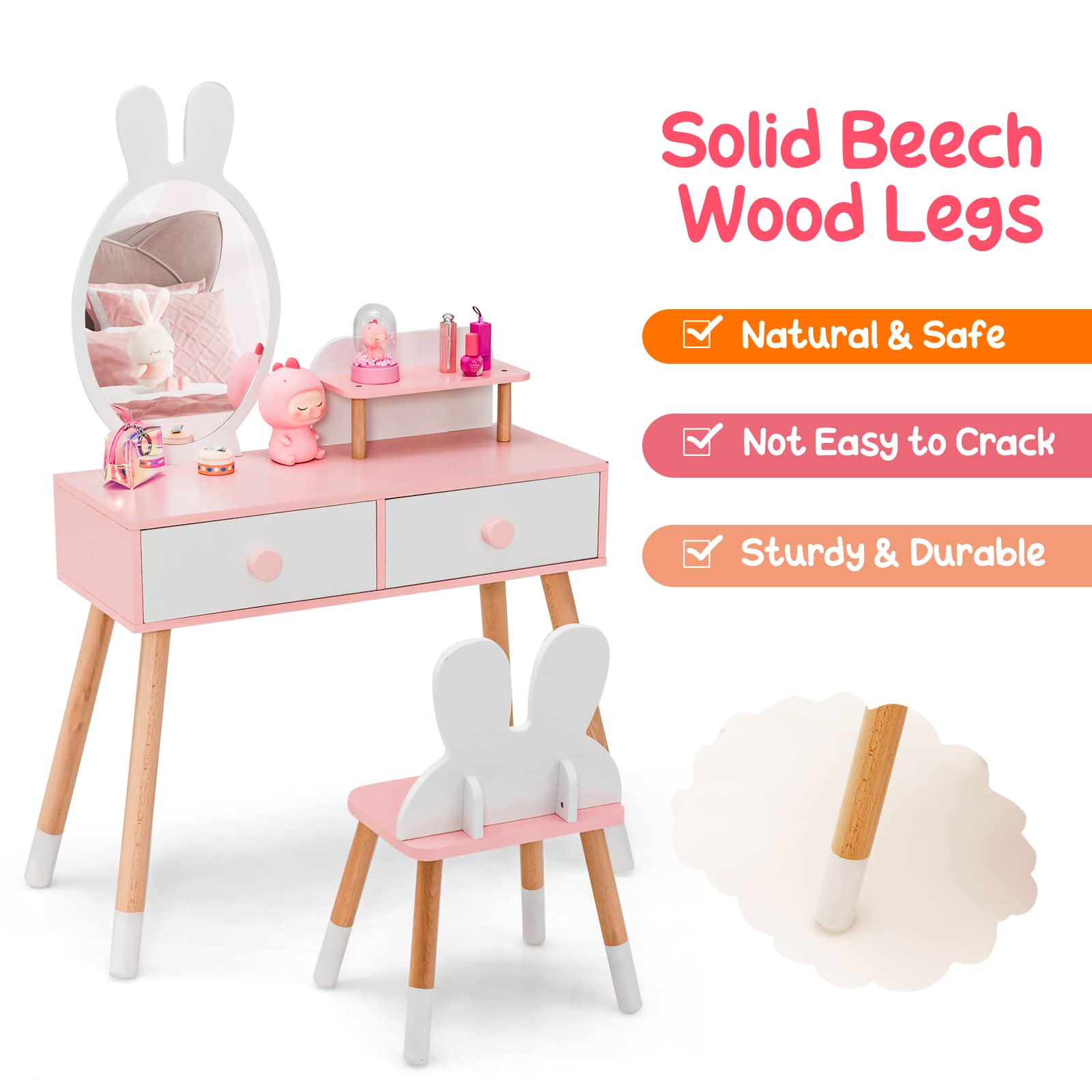 LIFEZEAL Tavolo da toeletta per bambini 2 in 1, specchio di coniglio, parrucchiere per bambini in legno con 2 cassetti e mensola, tavolino con specchio e sgabello per ragazze, tavolo da trucco, sedia