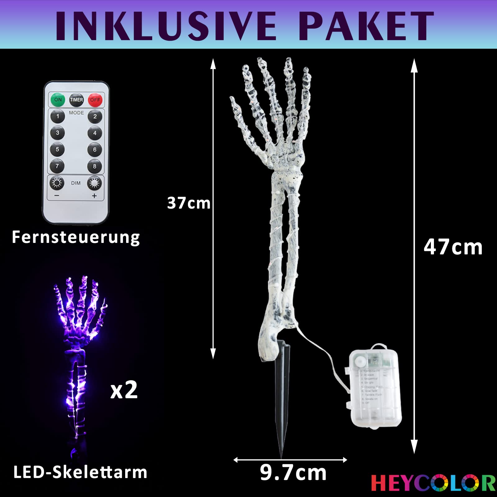 Decorazioni Halloween Scheletro Luminoso - 2 Braccia LED Viola, A Batteria Per Esterno/Interno