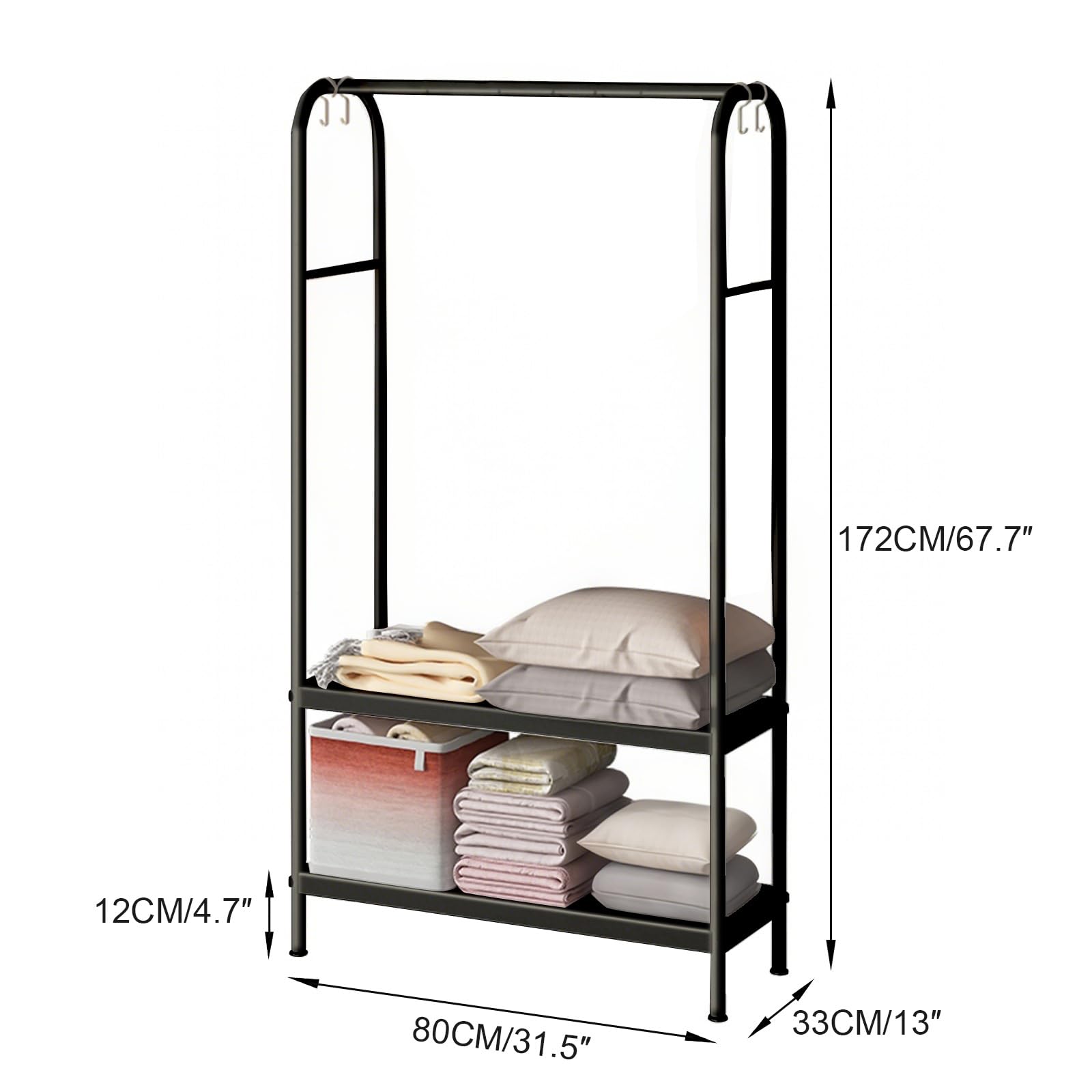 Zstar Appendiabiti in metallo per appendere vestiti, con ripiani a 2 livelli, 6 ganci, per negozio, camera da letto, spogliatoio, 80 x 33 x 172 cm, nero
