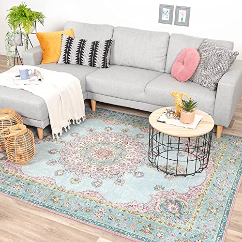 FRAAI | Home & Living Teppich Vintage - Lily Medaillon Hellblau Türkis - 140x200cm - Baumwolle,...