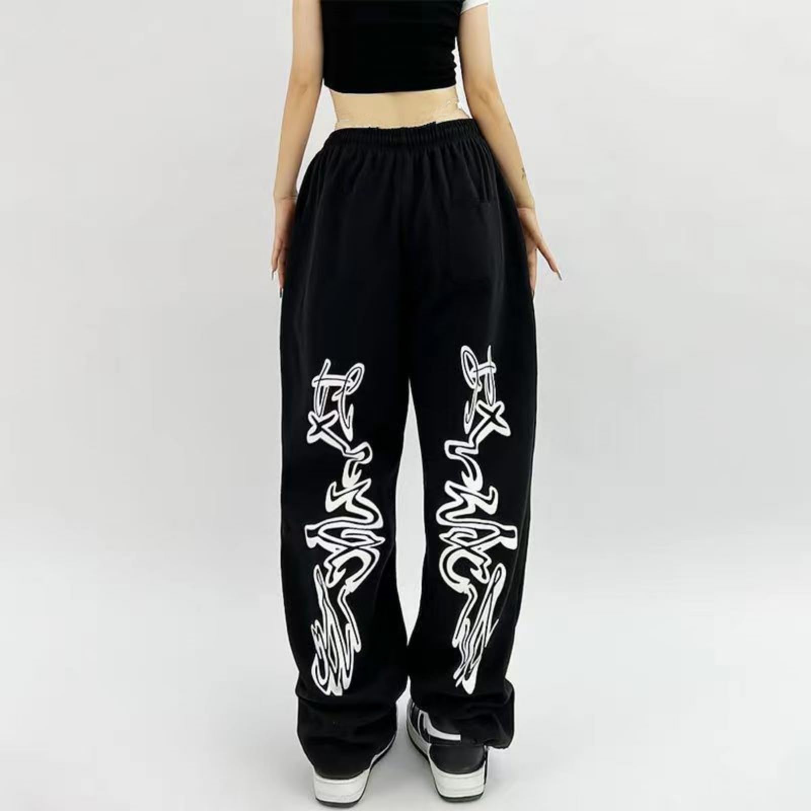 Pantalones deportivos de baile hip hop, ajuste holgado, estampado de graffiti, cintura elástica, color blanco y negro, S-3XL