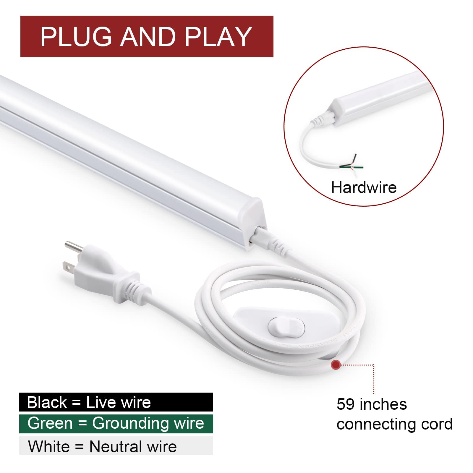 Luz LED Tienda 2FT 10W 1100LM 6500K Luz Debajo la Cabina y luz LED Techo Barra luz LED habitación Plug and Play Interruptor Encendido/Apagado