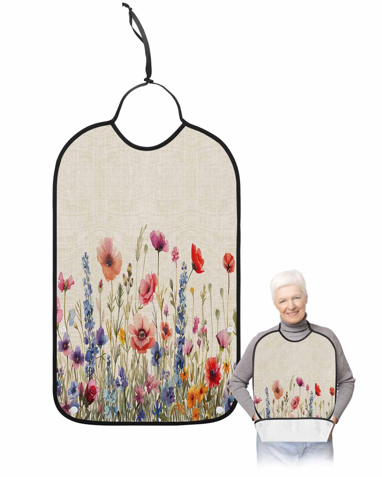 LEOKOTI Pastoral Spring Floral Adult Bibs for Eating, Waterproof Bibs with Food Catcher & Adjustable Snap Closure, Rustic Summer Flower Botanical Washable Clothing Protectors Adult Bibs for Elderly