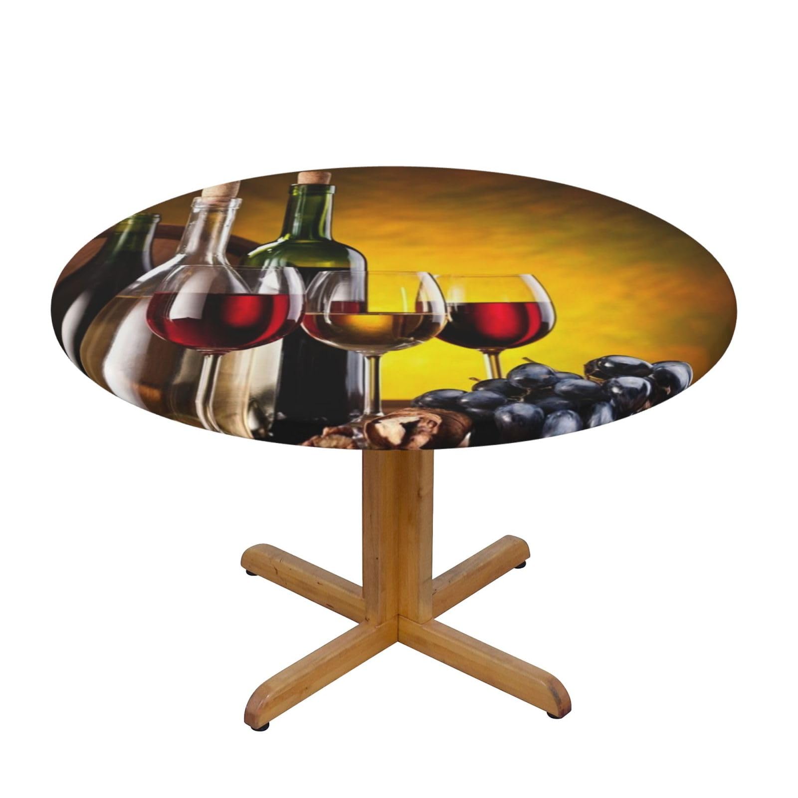 EZDLOWVBA Grapes Wine Bottles and Drink print Round Tablecloth with Elastic Fits Tables Outdoor Tablecloth,Stain Resistant Table Cover for Kitchen Dining Parties