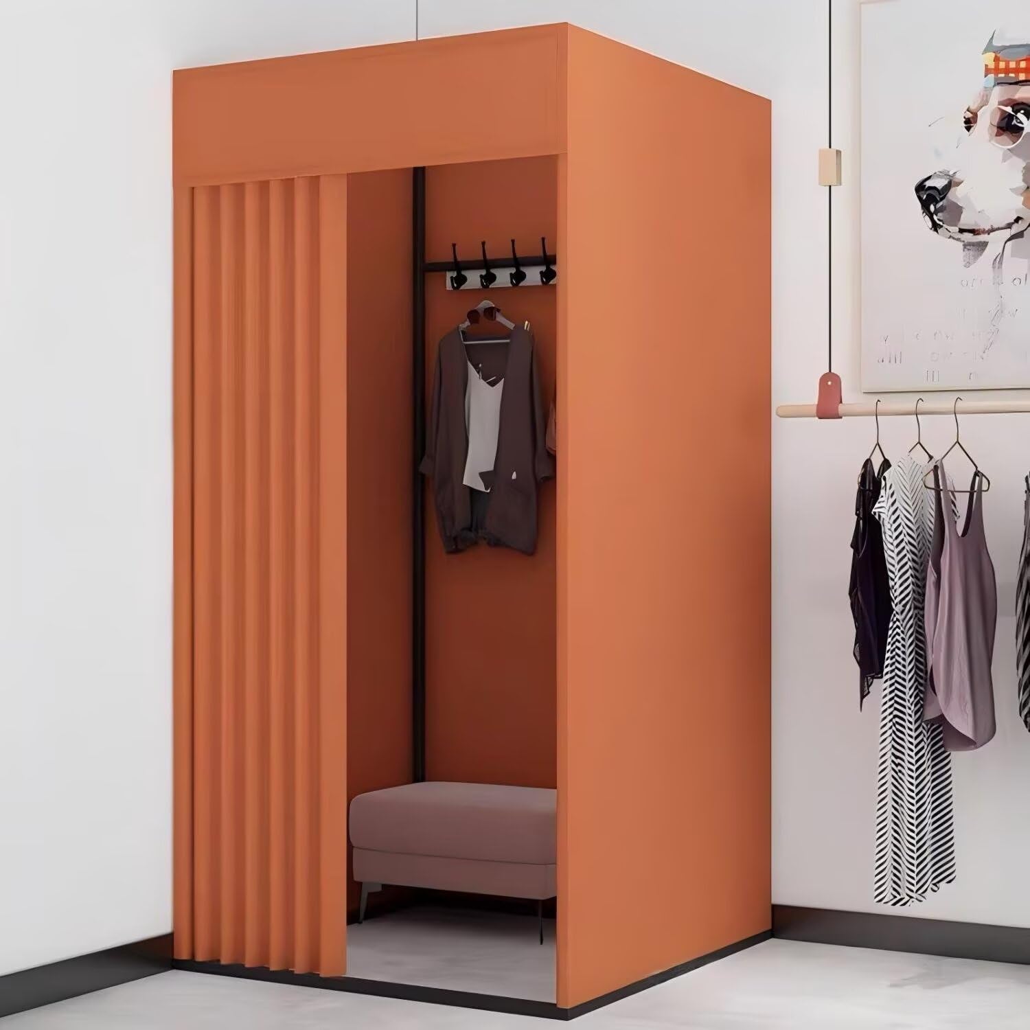 Cabine d'essayage carrée autoportante orange 100x100x200 cm avec rideau occultant en lin