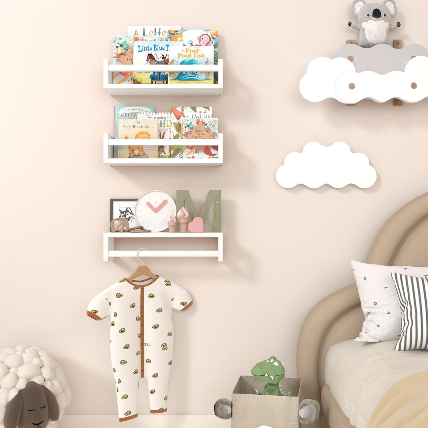 Floating Nursery Book Shelves for Wall, 15.7 Inch Nature Solid Wood Wall Mounted Bookshelf Set of 3, Hanging Bookshelves for Kids Room, Bedroom Nursery Decor and Book Storage (White)
