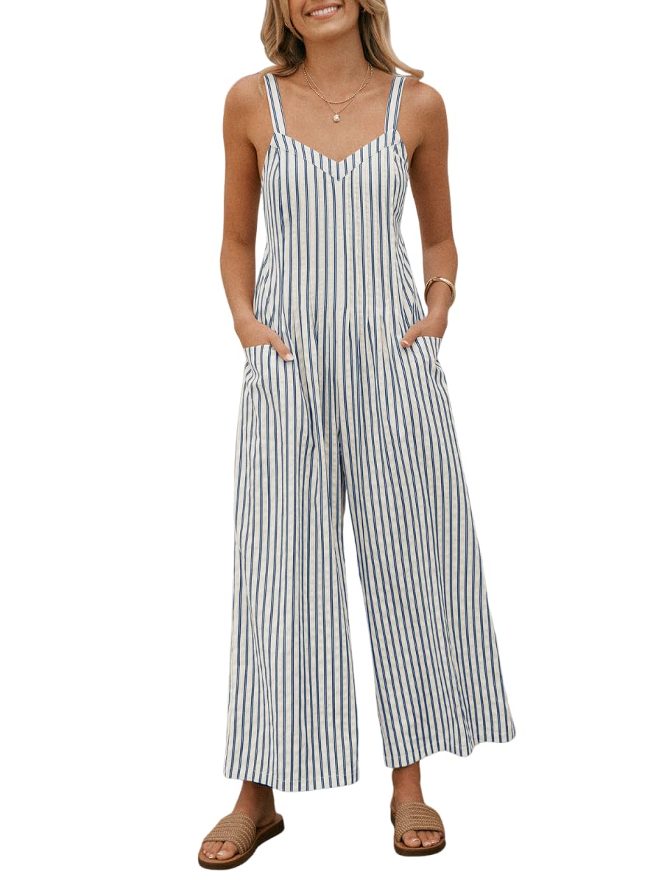 CUPSHE Damen Jumpsuit Gestreift Ärmellos Overall Gesmokt Cutout Strampler Weites Bein Lang Playsuit Sommer Lose Hosenanzug