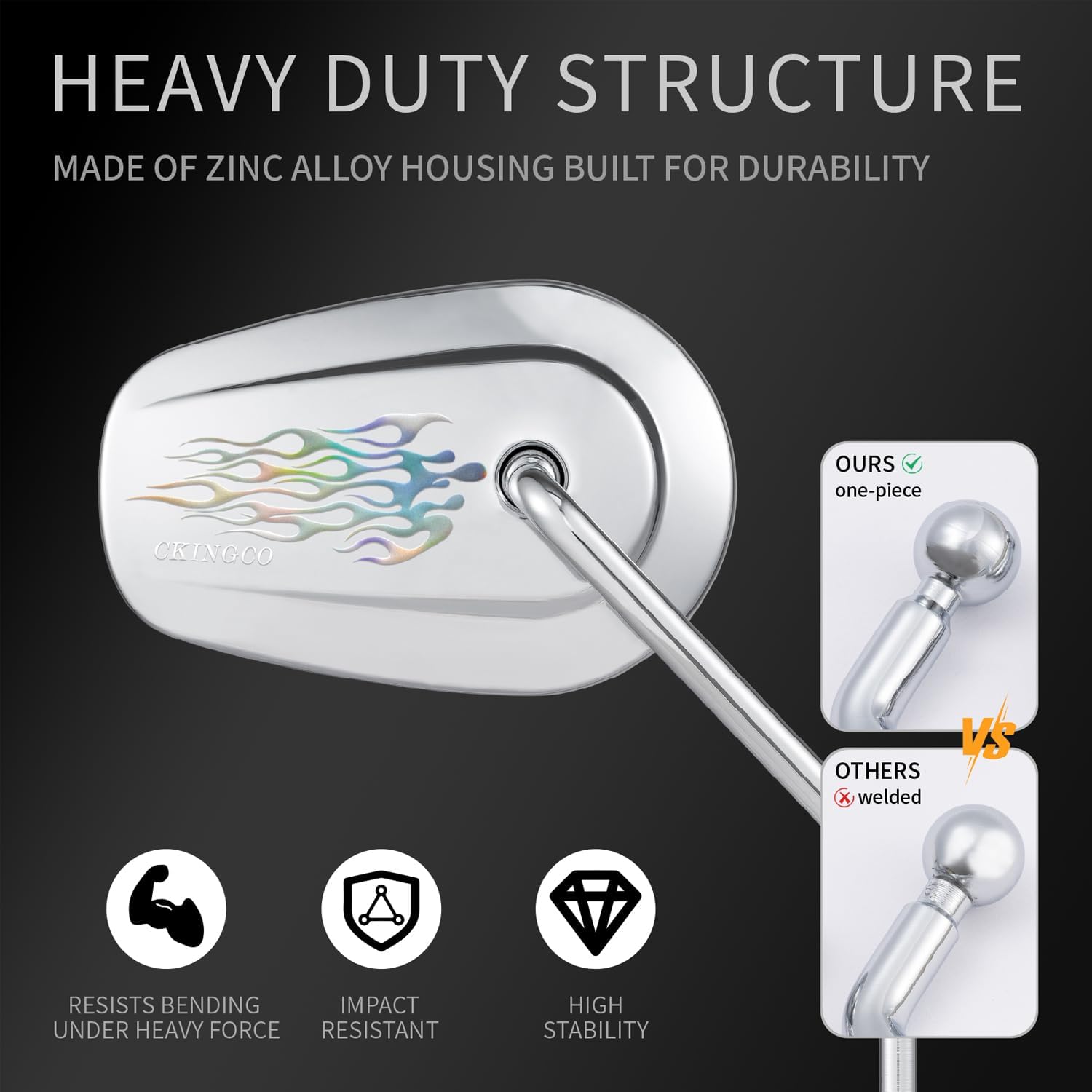 Motorcycle Mirrors, Zinc Alloy Long Stem Rear View Mirrors, Accessories Compatible with Harley Davidson Sportster Dyna Softail Road King Road Glide (Chrome-Flame Accent)