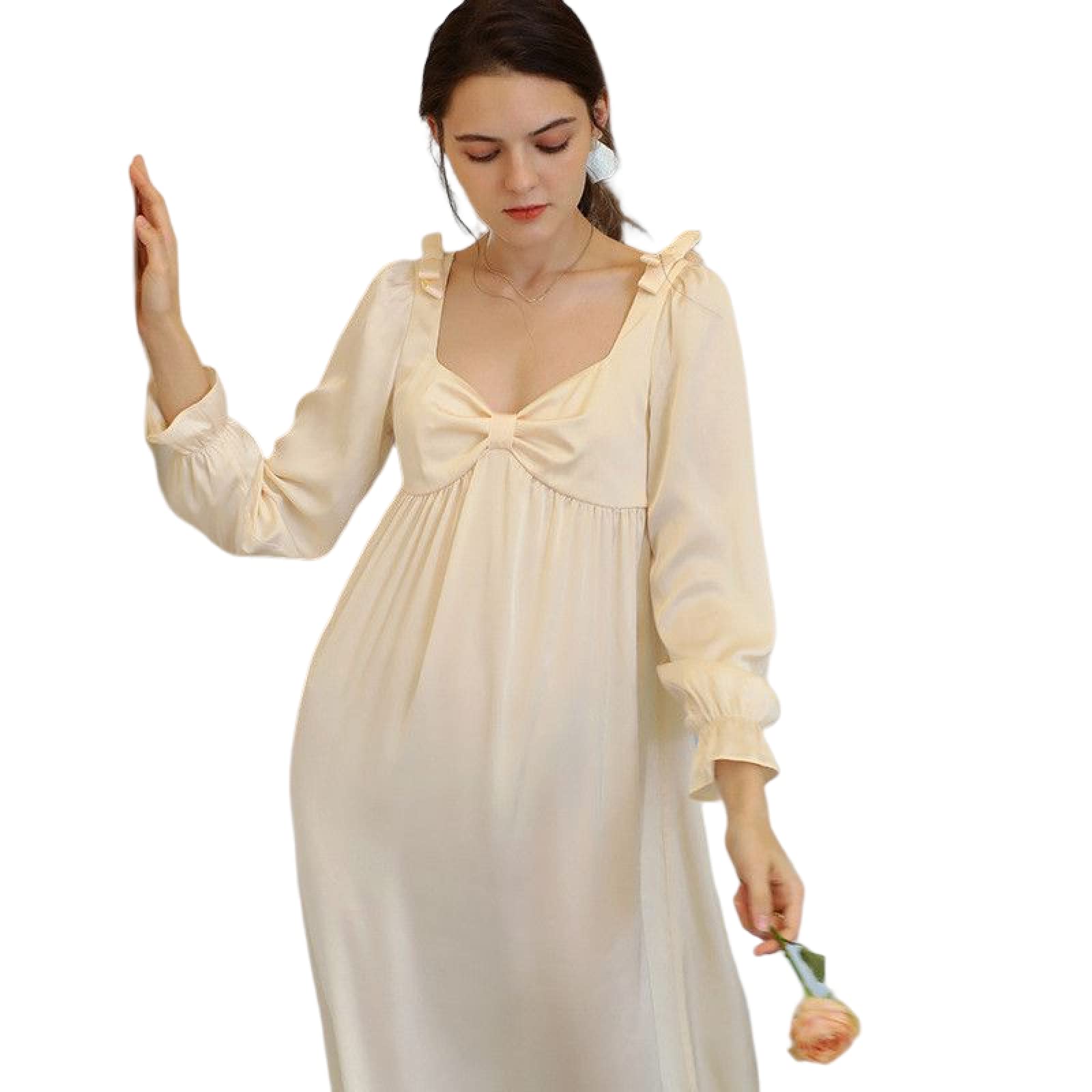 OFFSUM Camisón De Pijama De Mujer - Camisón De Seda Elegante con Cuello En V para Primavera Y Otoño Camisón Vintage De Princesa con Lazo Dulce Ropa De Salón De Talla Grande