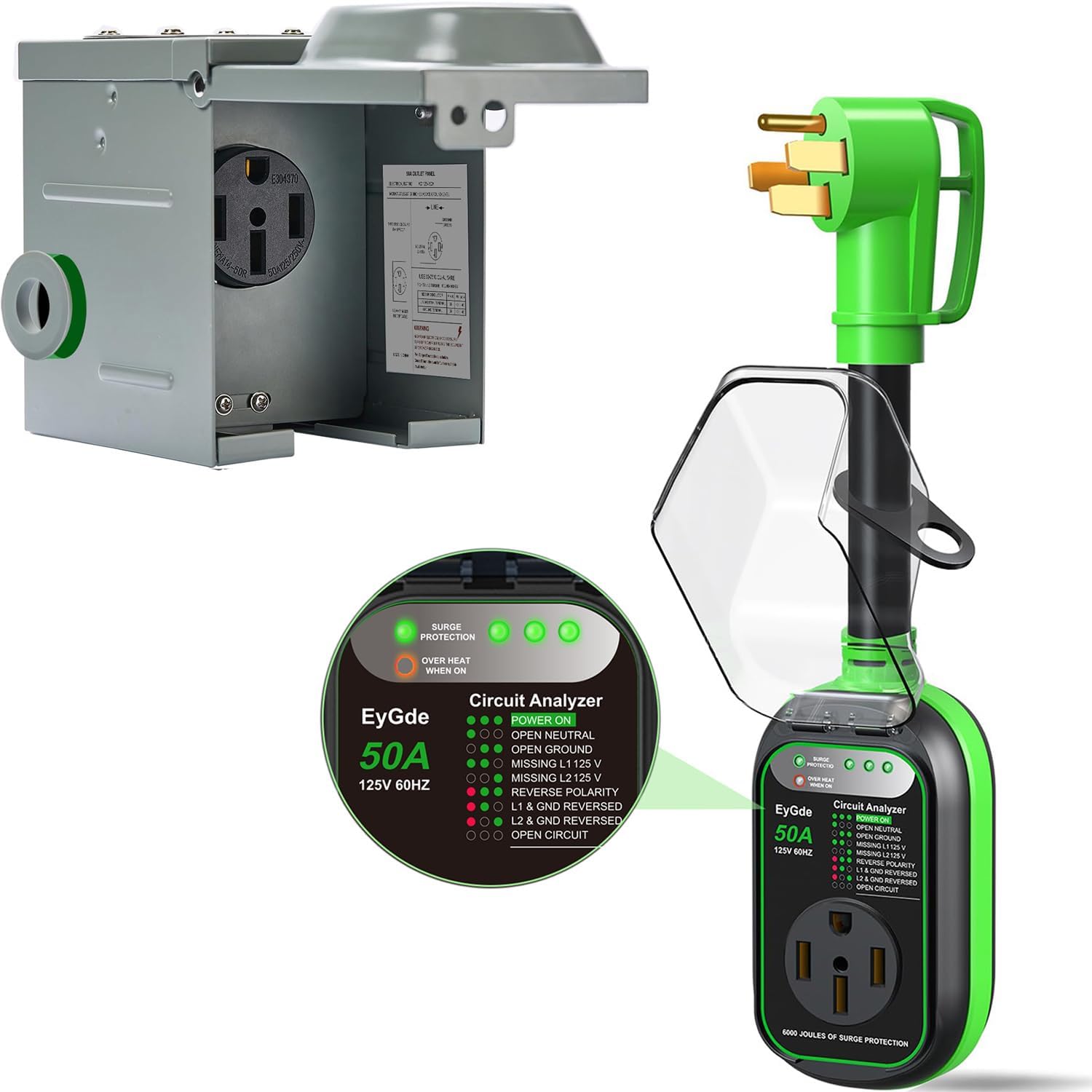 EyGde RV Surge Protector 50 Amp Waterproof(Green)+ EyGde 50 Amp RV Power Outlet Box