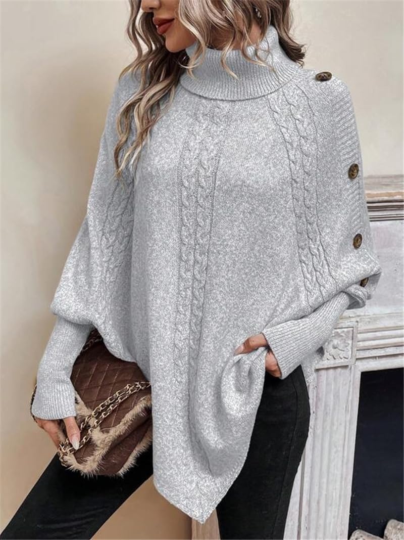 Poncho De Mujer Suéter Tipo Poncho De Punto Para Mujer Con Patrón De Cable Cuello Vuelto Plegado Botones Jersey Holgado Con Mangas De Murciélago Chal Suéteres Prendas De Punto Cálida