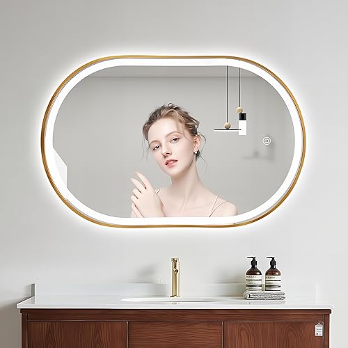 Miniatura 41 de Espejo de baño LED ovalado de 32 x 20 pulgadas con luces, espejo de tocador negro con luz antiniebla montado en la pared, espejo ovalado LED