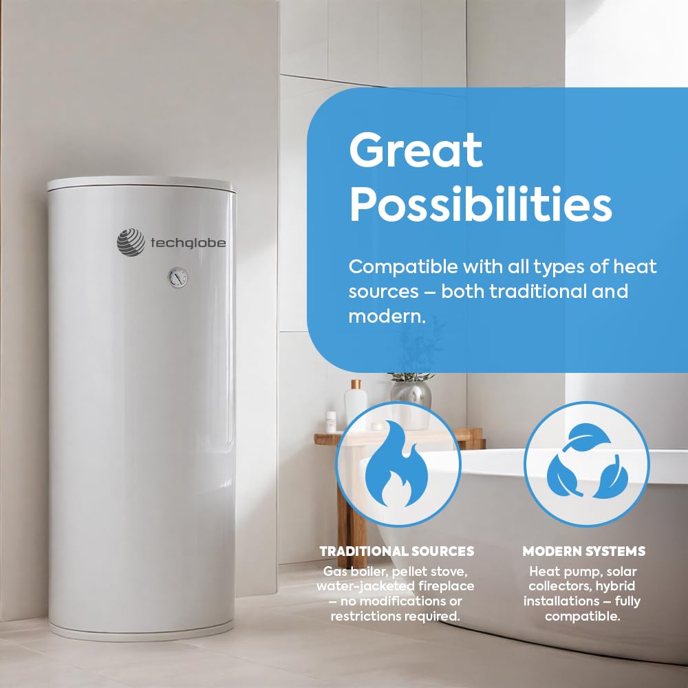 TECHGLOBE - Serbatoi acqua calda - 2 scambiatori di calore (0,6 + 1,6 m²) - acciaio inox - Efficienza energetica - con isolamento da 50 mm - Accumulatore di acqua calda (150 L)